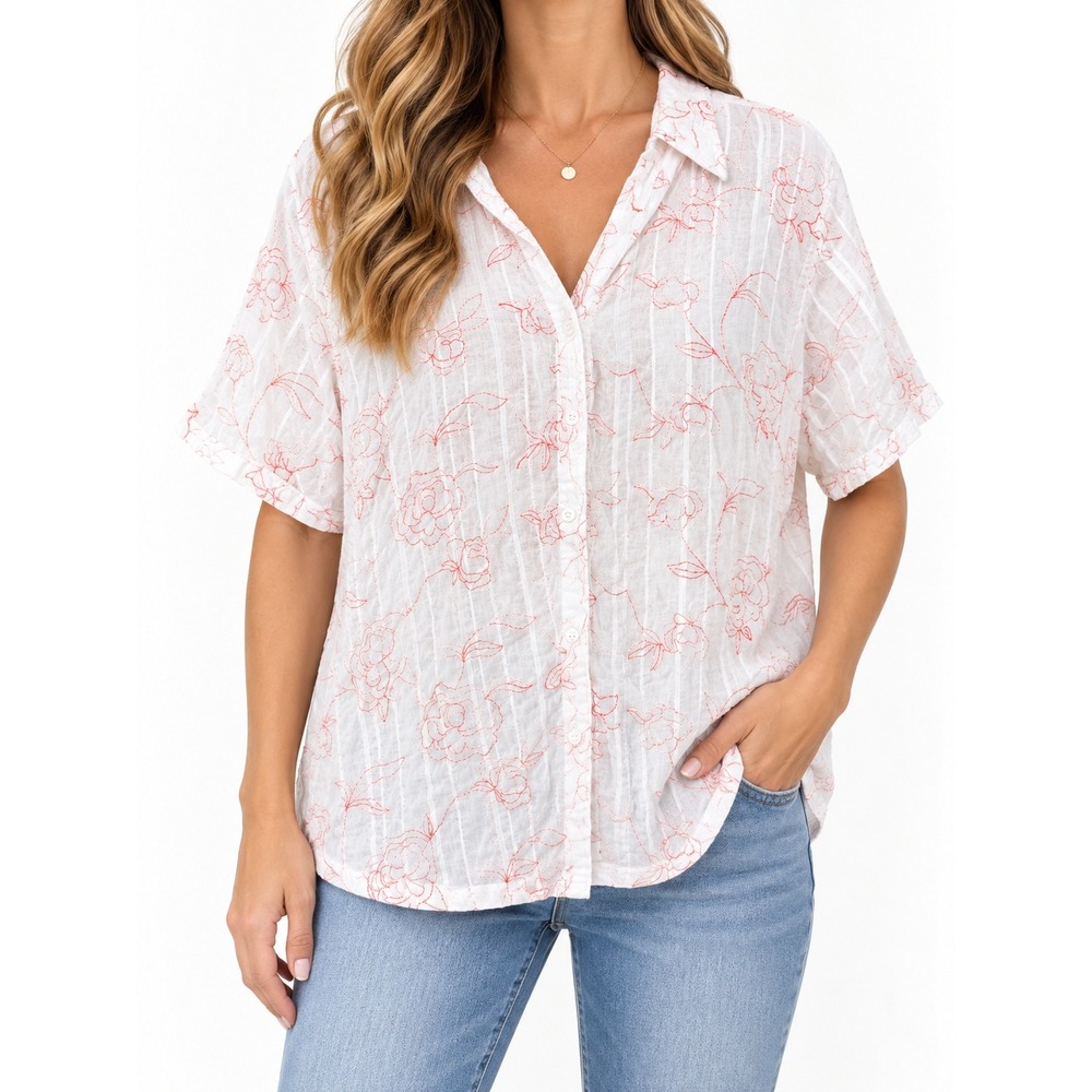 White Stag Plus Size 26W 28W Embroidered Floral Cotton Button Down Shirt White